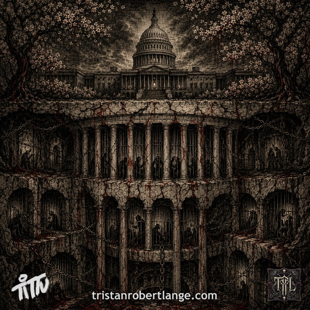 Square Victorian woodcut-style artwork showing the illuminated United States Capitol above a vast subterranean prison. The Capitol’s columns descend into barred cells filled with shadowed figures, chains, cracked stone, and dark red stains. Bleeding cherry trees frame the building. Branding along the bottom includes “Tittu,” “tristanrobertlange.com,” and the TRL monogram.