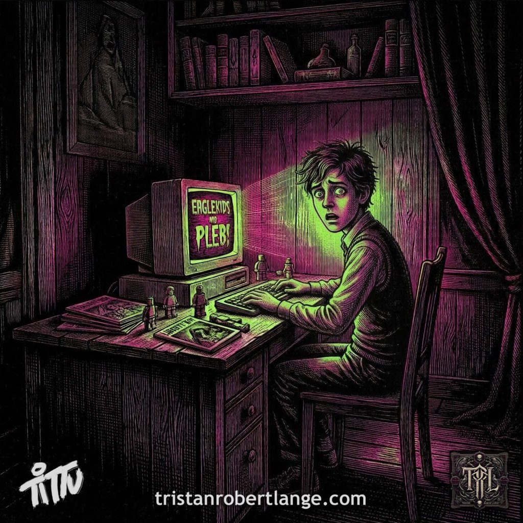 A square Victorian woodcut-style illustration of a lanky teenage boy seated at a wooden desk in a dark room, staring in horror at a bulky retro computer. Sickly green and magenta light from the screen illuminates his face and scattered mystery publications. Tittu branding appears at lower left, tristanrobertlange.com at bottom center, and the TRL crest at lower right.