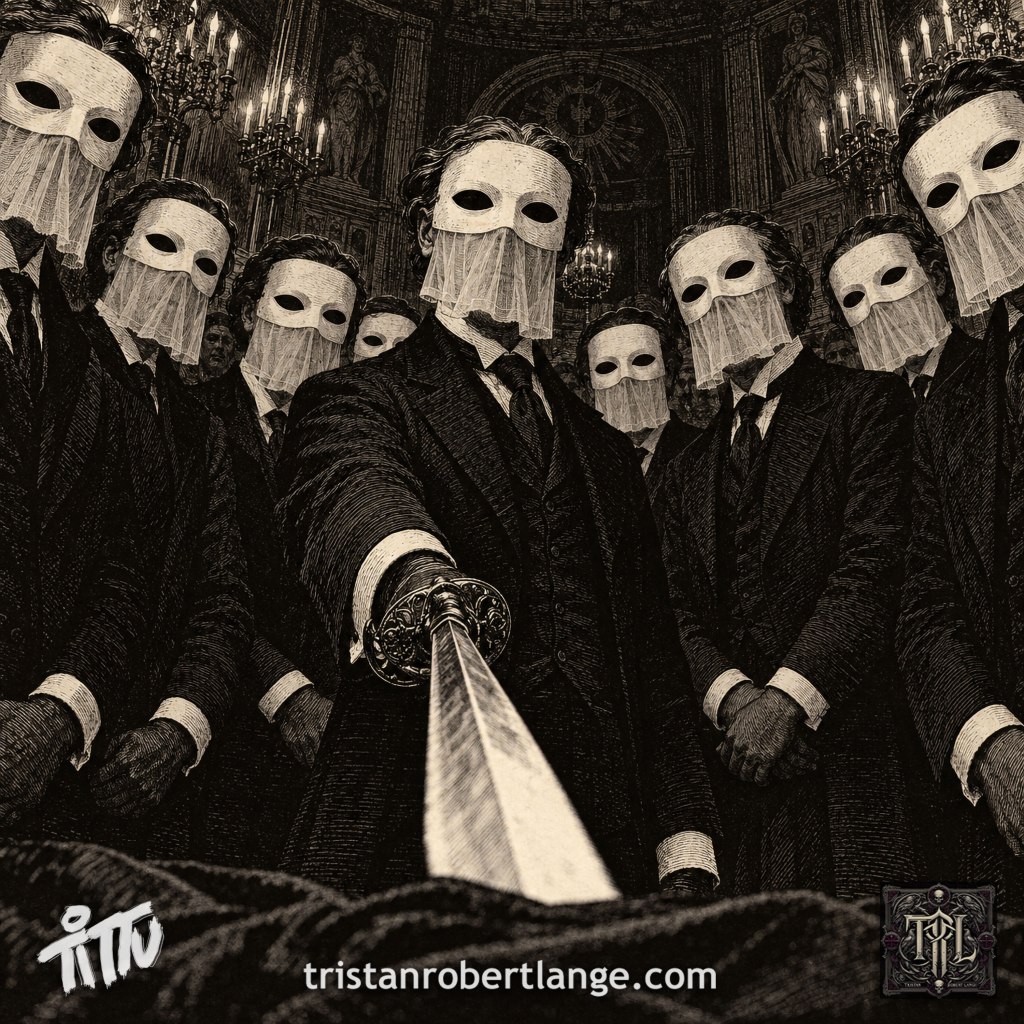 A sepia-toned Victorian woodcut viewed from the initiate’s perspective. Masked figures in black suits and ties loom inward inside an ornate chamber. Their rigid white upper-face masks have dark eyeholes and gauzy white veils covering their mouths and chins. A ceremonial sword points directly toward the viewer. Tittu branding, the author’s website, and the TRL monogram appear along the bottom.