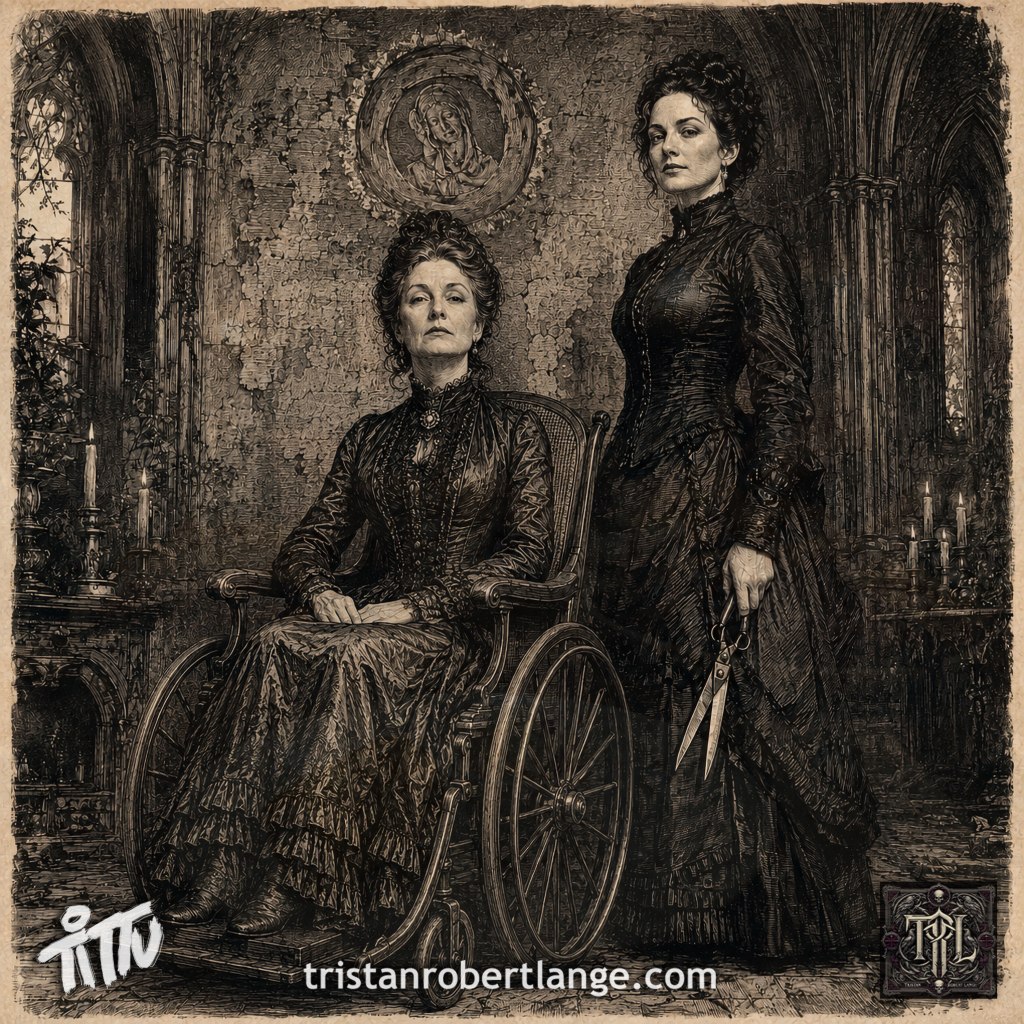 Sepia-toned Victorian woodcut illustration inside a decaying Gothic convent. Ruth, an older woman in an ornate black dress, sits upright and commanding in a wooden wheelchair. Alice stands beside her in dark Victorian clothing, calmly holding large pruning shears. Candles, stone arches, creeping vines, a grotesque religious portrait, the TRL monogram, and tristanrobertlange.com complete the image.