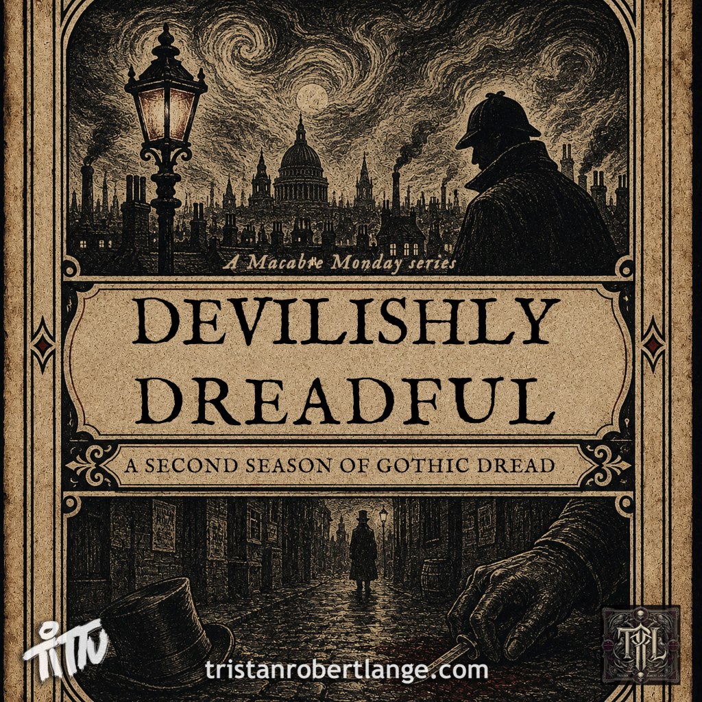Vintage sepia-and-black penny-dreadful cover for Devilishly Dreadful. A Victorian city skyline sits beneath a swirling night sky, with a gaslamp and shadowed detective figure above. Below, a dark alley shows a distant lone figure, a discarded top hat, and a gloved hand holding a knife. Text reads “DEVILISHLY DREADFUL” and “A SECOND SEASON OF GOTHIC DREAD.”