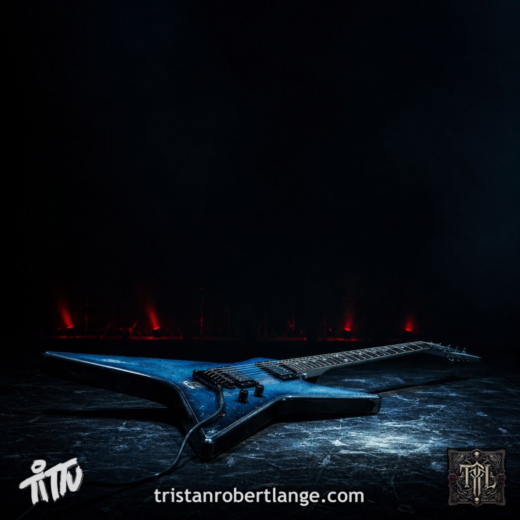 A blue, sharply angular electric guitar lies on a dark stage beneath dim red lights. The surrounding space is nearly black, creating the feeling of a concert stage left suddenly and permanently empty. The Tittu logo, tristanrobertlange.com, and the TRL monogram appear along the bottom.