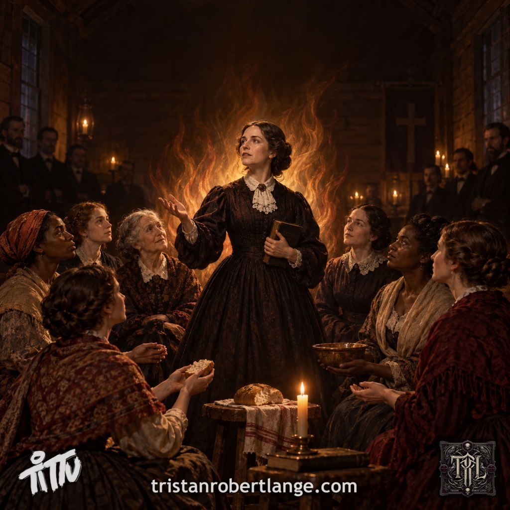 A dark nineteenth-century Methodist meetinghouse filled with women gathered around a woman evangelist standing before a symbolic fire. Men watch from the shadows. The image includes the title “Embodiment,” the Scorched Strays collection label, Tristan Robert Lange’s website, and his monogram.