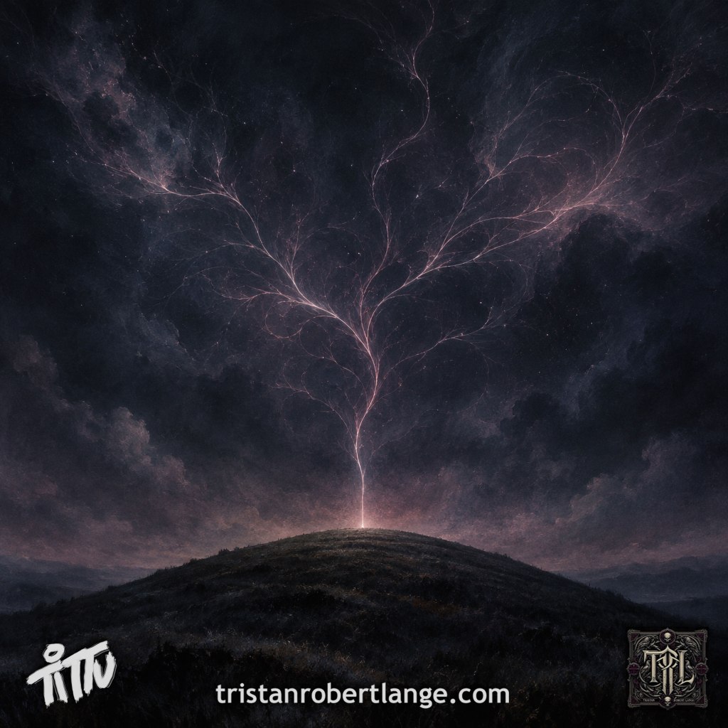 A painterly nighttime landscape in charcoal, midnight blue, and muted violet. A solitary rounded hill occupies the foreground. From its crest, one fine silver-pink filament rises and branches across the enormous sky like roots, nerves, or luminous tendrils. Tittu and TRL marks appear in the lower corners, with tristanrobertlange.com centered below.