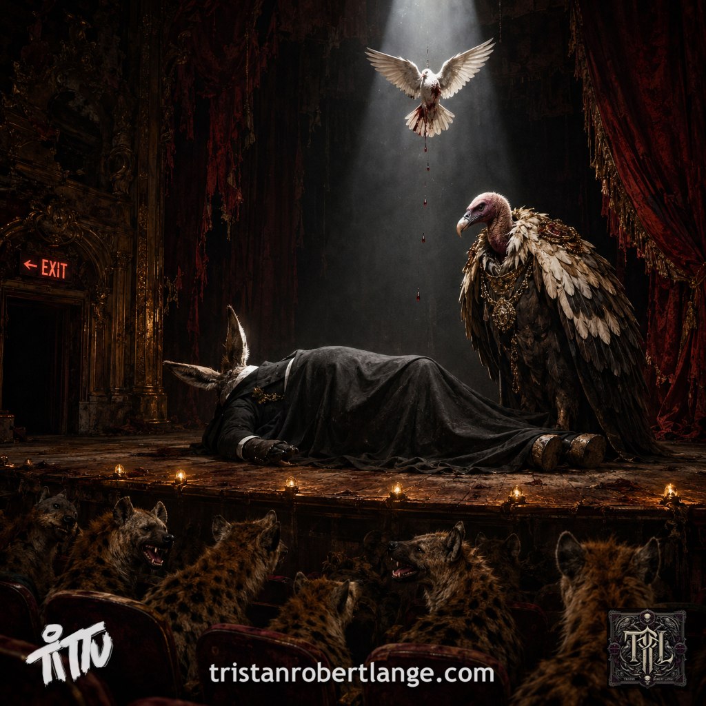 A dark, decaying theater stage holds the covered body of an anthropomorphic jackass, with its ears, hand, and shoes visible beneath a black funeral pall. A buzzard dressed in ornate eagle feathers presides nearby. Above, a wounded white dove drips blood beneath a spotlight while laughing hyenas watch from the audience. An EXIT sign points stage left. TRL branding appears along the bottom.