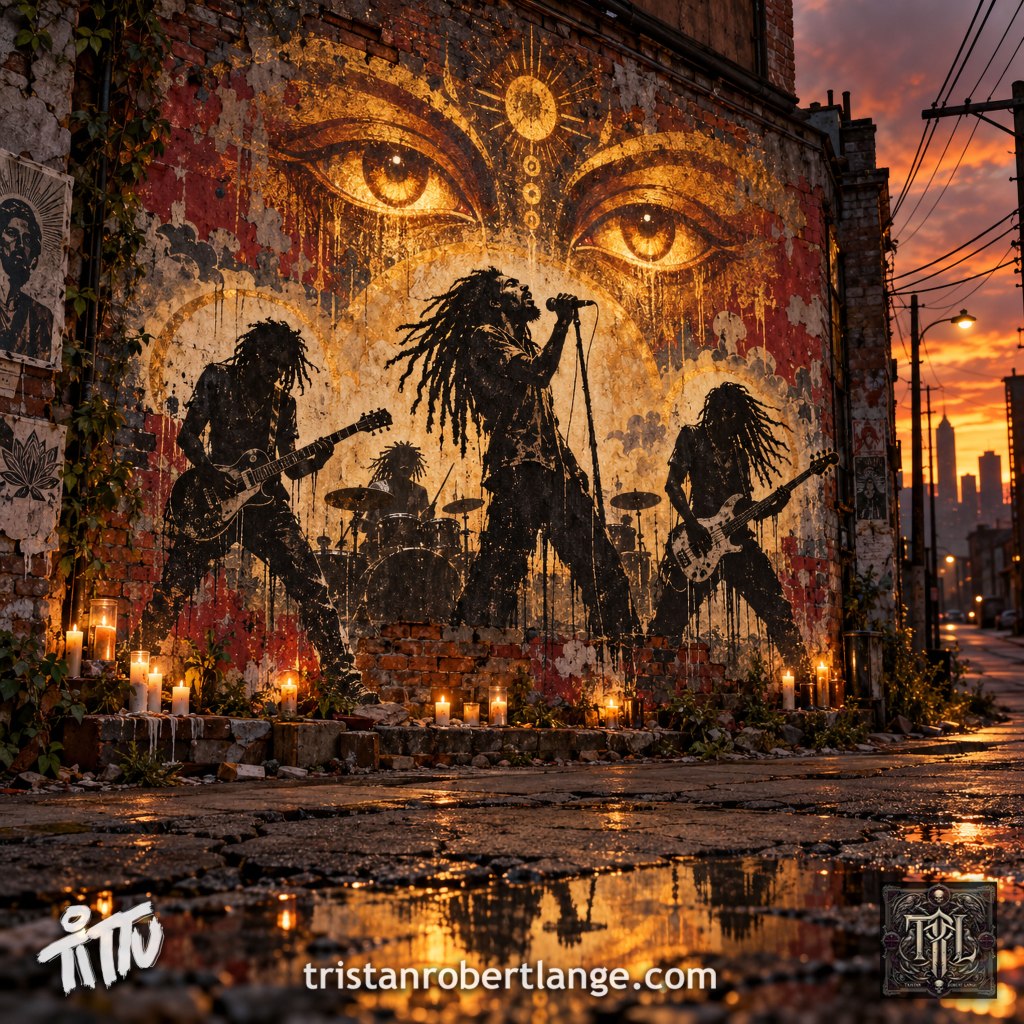 A gritty urban mural at sunset shows glowing golden eyes above silhouettes of a dreadlocked rock band performing on a weathered brick wall, with candles, puddles, power lines, and city buildings around it. The bottom includes the Tittu mark, TRL monogram, and tristanrobertlange.com.