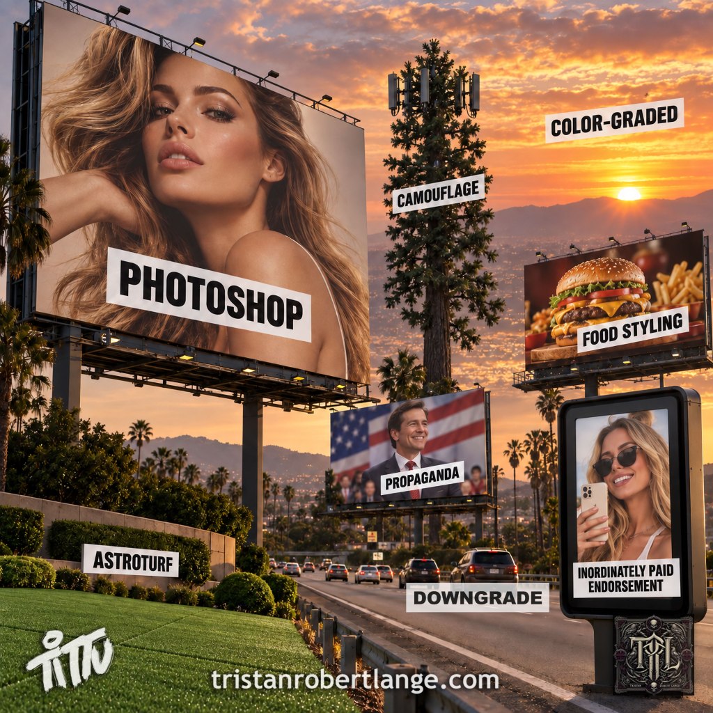 A digitally created golden-hour highway scene filled with labeled artificiality: a beauty billboard marked “PHOTOSHOP,” synthetic lawn marked “ASTROTURF,” a disguised cell tower marked “CAMOUFLAGE,” food photography marked “FOOD STYLING,” a politician marked “PROPAGANDA,” a sunset marked “COLOR-GRADED,” an influencer marked “INORDINATELY PAID ENDORSEMENT,” and cars marked “DOWNGRADE.” Tittu branding and tristanrobertlange.com appear below.