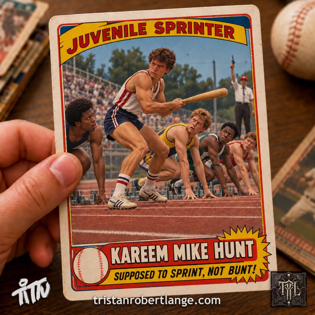 A photorealistic vintage sports trading card shows a tall sprinter holding a baseball bat in bunt position at a track meet while the other runners stare at him in confusion. The card reads “Juvenile Sprinter,” “Kareem Mike Hunt,” and “Supposed to Sprint, Not Bunt!”