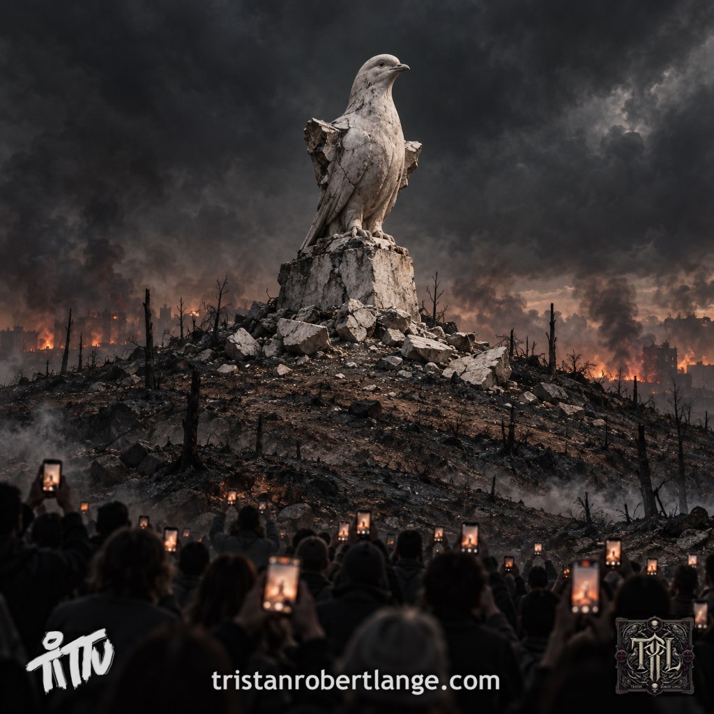 A damaged stone dove monument stands on a pedestal atop a scorched hill beneath black storm clouds. Fires burn across the distant ruins while a crowd below records the scene with glowing phones. The Tittu signature, TRL monogram, and tristanrobertlange.com appear along the bottom.