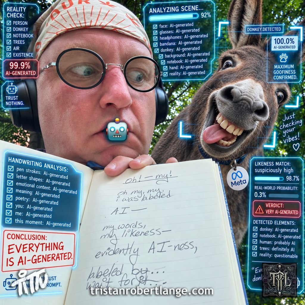 Surreal satirical image of Tristan Robert Lange outdoors wearing round glasses, headphones, and a patterned bandana while holding open his handwritten poetry notebook. A wildly grinning donkey beside him wears a tag reading “Meta.” Futuristic AI-analysis panels falsely identify the person, notebook, handwriting, trees, and donkey as AI-generated. A robot emoji covers Tristan’s mouth. Text includes “CONCLUSION: EVERYTHING IS AI-GENERATED.” TRL branding and tristanrobertlange.com appear along the bottom.