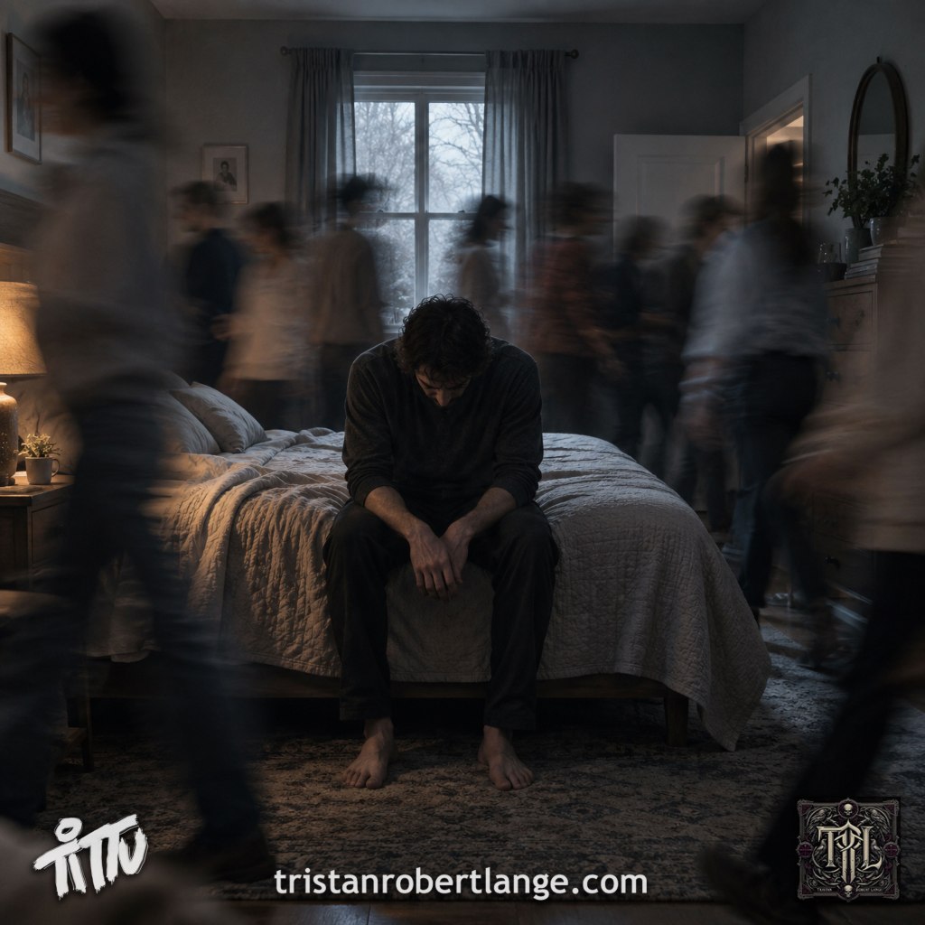 A solitary man sits hunched forward on the edge of a bed in a dim bedroom while numerous blurred people move around him without noticing him. Cool gray-blue light fills the room. The Tittu signature appears at lower left, tristanrobertlange.com at bottom center, and the TRL monogram at lower right.