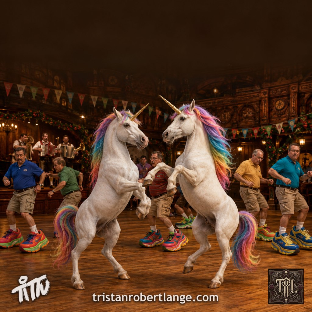 Two white unicorns with rainbow manes rear upright and dance together on a polished wooden floor inside an ornate Bavarian polka hall. Behind them, middle-aged men in polo shirts, khaki shorts, white socks, and enormous brightly colored running shoes dance while an accordion band performs. “Tittu” appears at bottom left, tristanrobertlange.com at bottom center, and the TRL monogram at bottom right.