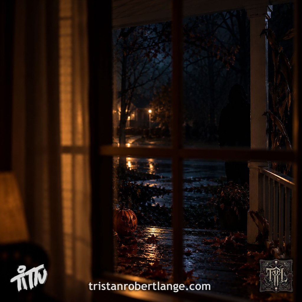 A dark Halloween night viewed through a window from inside a warmly lit house. Beyond the glass is a wet porch scattered with autumn leaves, a jack-o’-lantern near the steps, and an indistinct humanlike silhouette almost lost in the darkness beside the porch. Tittu and TRL branding and tristanrobertlange.com appear along the bottom.