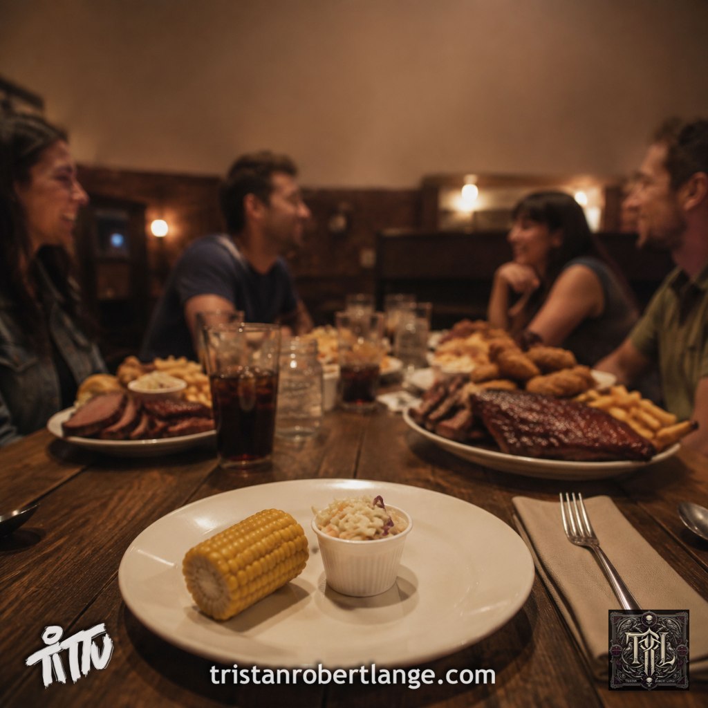 A warmly lit barbecue restaurant viewed from a diner’s seat. A foreground plate holds only a short corn cob and a small cup of coleslaw, while four blurred companions converse around plates piled with meat and fries. Tittu and TRL logos appear in the bottom corners, with tristanrobertlange.com between them.