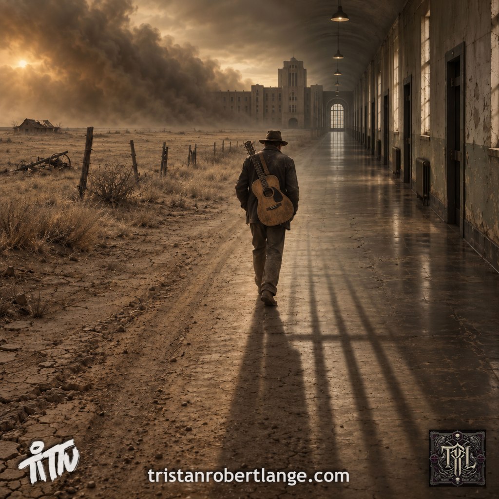 A vertical, sepia-toned surreal scene. A lone Depression-era wanderer carrying an acoustic guitar walks along a dusty road that gradually becomes the polished corridor of an institutional ward. A ruined farm and enormous dust cloud fill the left side; peeling walls, doors, and hanging lights line the right. Bar-like shadows stretch across his path. The Tittu signature, website address, and TRL emblem appear along the bottom.