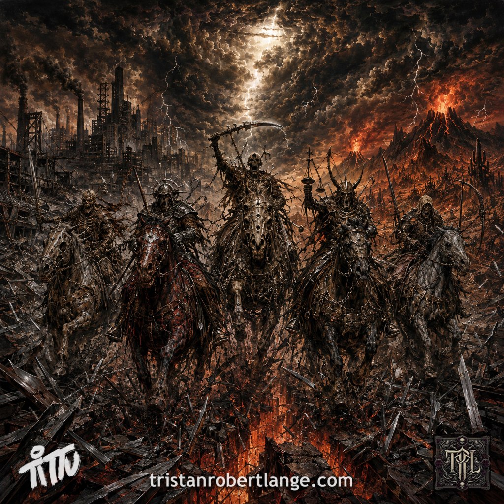 Five skeletal horsemen in decayed armor charge toward the viewer through flying metallic shards. A ruined industrial city burns beneath black clouds on the left, while volcanoes erupt across a scorched western wasteland on the right. Hellish orange light splits the earth below, and a hostile white rupture opens in the storm above. Tittu, tristanrobertlange.com, and the TRL monogram appear along the bottom.