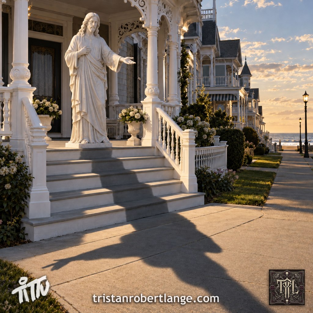 A white marble statue of Jesus stands on an ornate Victorian porch near the ocean, extending one hand toward the shore. Its enormous shadow stretches in the opposite direction, pointing inland and away from town. Text along the bottom reads “Tittu” and “tristanrobertlange.com.” A Tristan Robert Lange monogram appears in the lower-right corner.