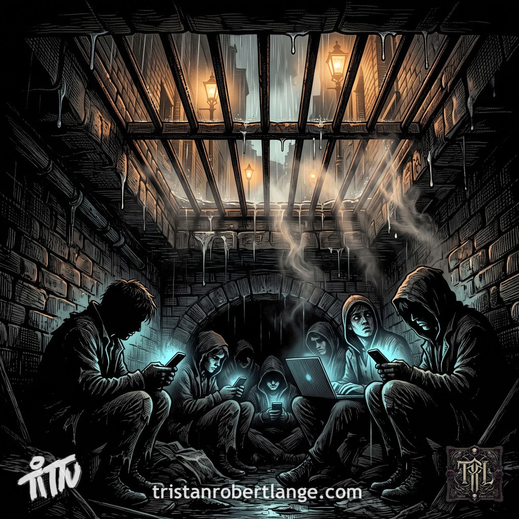 Victorian woodcut engraving of runaway youths huddled in a dark underground storm drain, looking up through an iron street grate into a rainy alley with glowing gas lamps. The kids wear dark coats and hoodies, illuminated by the cyan light of smartphones and a laptop. Dense black crosshatching and dramatic shadows throughout. Tittu signature bottom left, tristanrobertlange.com at bottom center, TRL seal bottom right.