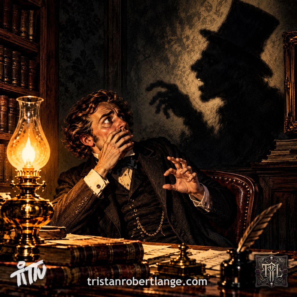 Square Victorian Gothic illustration of a terrified gentleman in a dim study, covering his mouth and raising his hand defensively. A towering, top-hatted shadow with clawlike fingers looms behind him. An oil lamp illuminates books, papers, and an inkwell. Tristan Robert Lange's website and author insignias appear along the bottom.