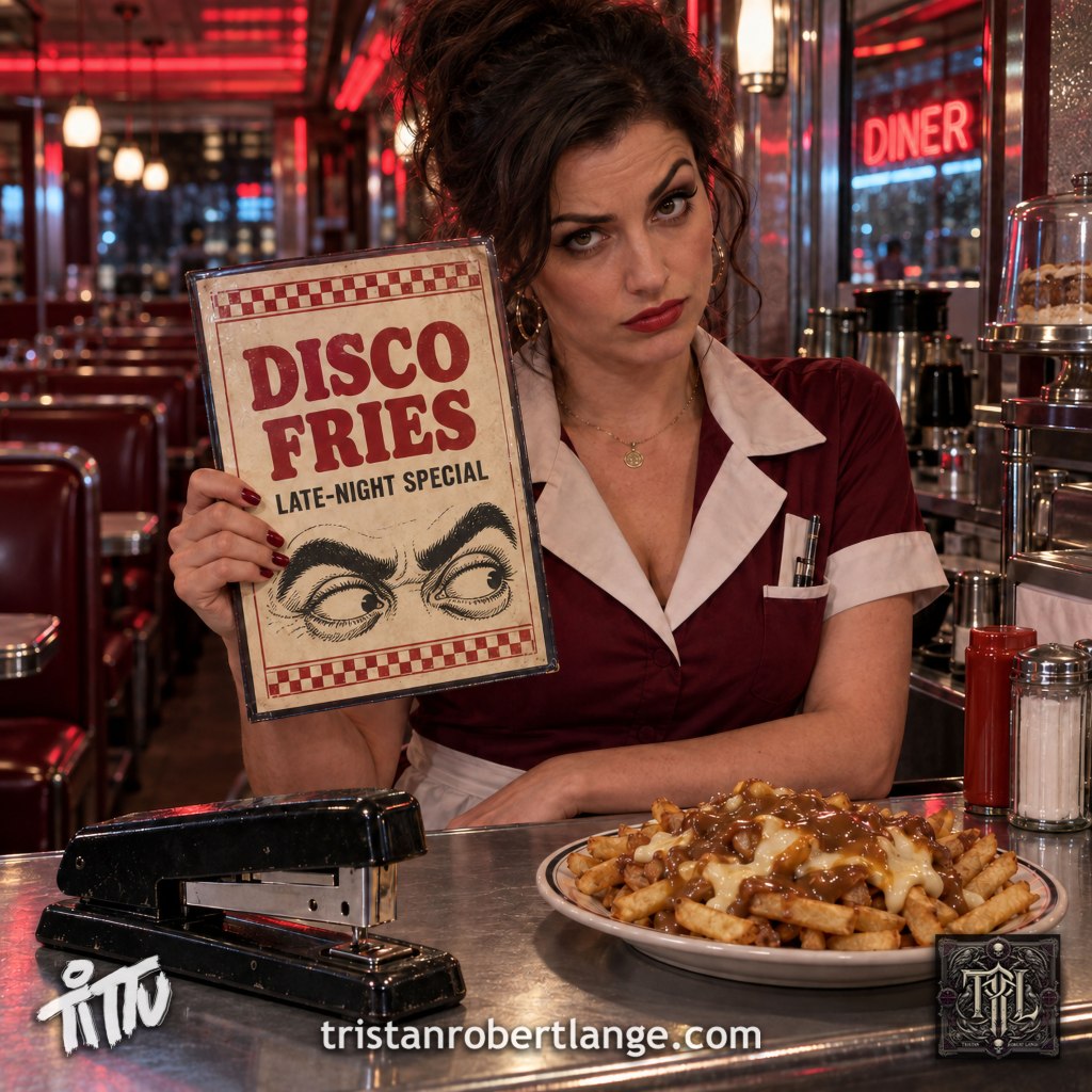 An unimpressed brunette waitress in a burgundy uniform holds a menu reading “DISCO FRIES” and “LATE-NIGHT SPECIAL,” illustrated with a man’s eyes ogling her. A large stapler and cheese-and-gravy fries sit on the chrome counter. Red neon lights the diner. Bottom branding includes Tittu, tristanrobertlange.com, and an ornate TRL emblem.