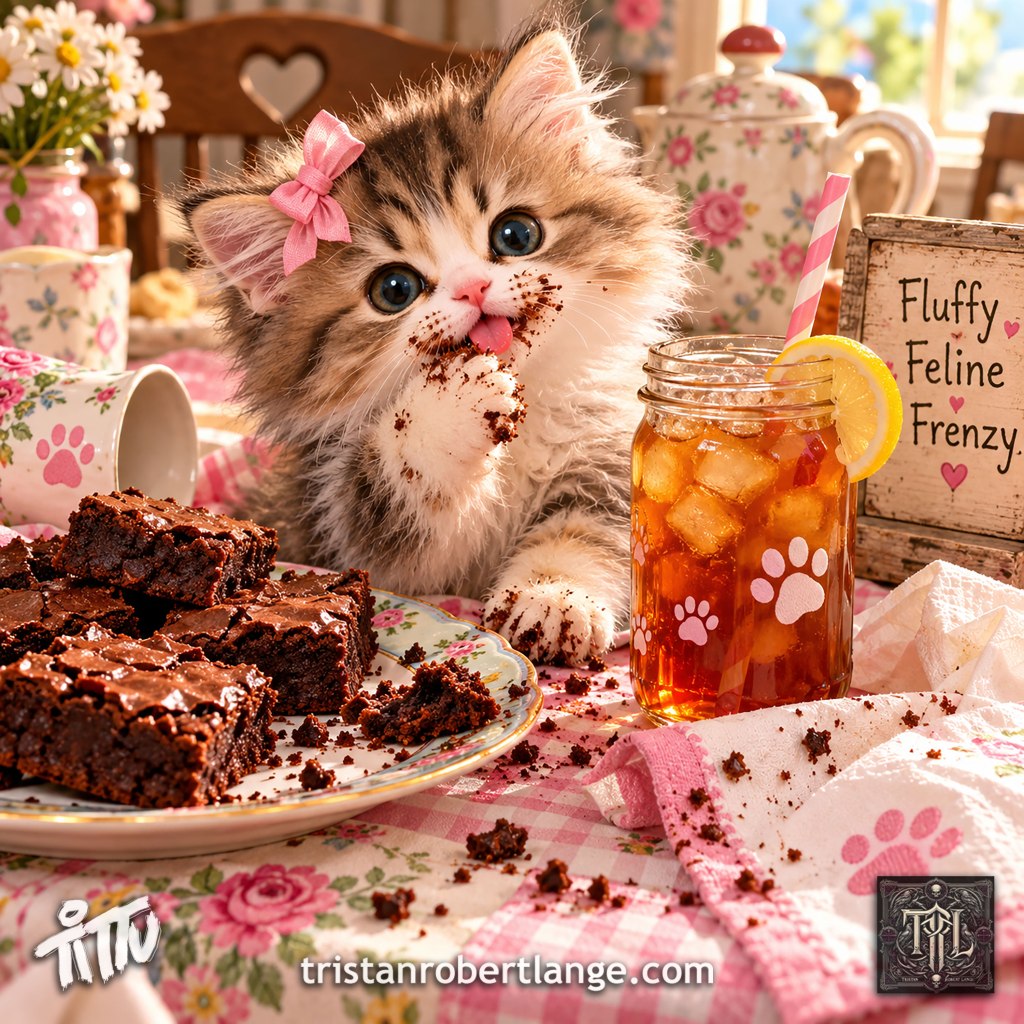 A fluffy brown-and-white kitten with huge blue eyes and a pink bow sits at a bright floral tea table, licking chocolate brownie crumbs from its paw and muzzle. Brownies, a paw-print glass of iced tea with a striped straw and lemon, floral china, daisies, and a sign reading “Fluffy Feline Frenzy” surround it. Tittu signature, TRL emblem, and tristanrobertlange.com appear below.