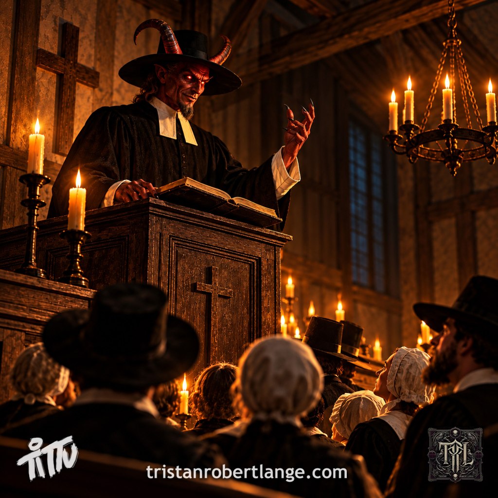 A square, candlelit depiction of a seventeenth-century Puritan meetinghouse. A grinning, horned Devil in black ministerial clothing stands behind a wooden pulpit, one clawed hand raised over an open Bible. Congregants in period clothing listen from the pews. Crosses, candles, and a chandelier illuminate the dark interior. The author's branding and website appear along the bottom.