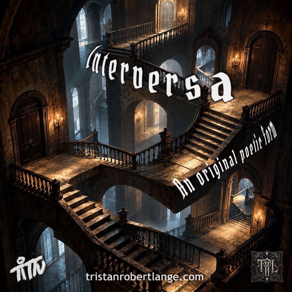 A surreal, impossible architectural interior filled with stone staircases that rise, descend, cross, and turn through multiple levels beneath arched windows and warm candlelight. Large white lettering following the angle of the architecture reads “Interversa,” with “An original poetic form” below. Tittu and TRL branding and tristanrobertlange.com appear along the bottom.