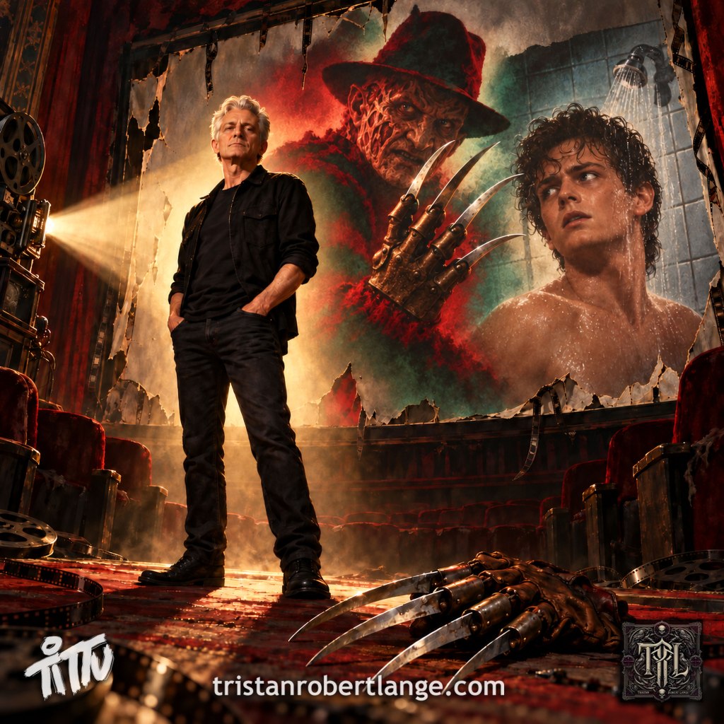 Painted horror homage: present-day Mark Patton stands confidently in a ruined cinema. Behind him, a torn screen shows Freddy Krueger raising his four-bladed glove beside a younger adult Patton, shirtless beneath a shower. Another bladed glove rests on the floor amid film reels. Red and gold light fills the theater. Bottom branding reads “Tittu” and “tristanrobertlange.com,” with a TRL monogram.