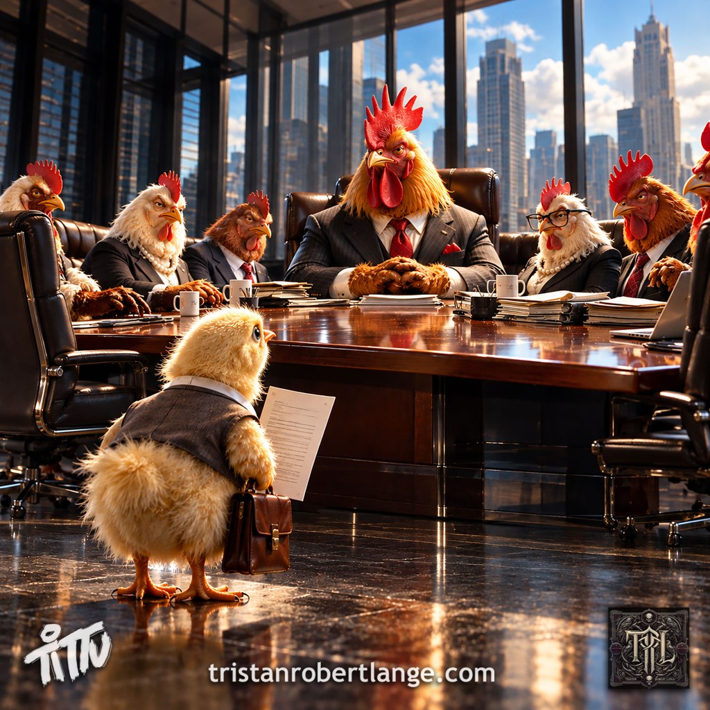 A hyperrealistic CGI-style corporate boardroom filled with stern chickens dressed as executives. A tiny yellow chick in a business vest stands before the intimidating panel holding a résumé and briefcase. A commanding rooster presides over the table, with a city skyline behind them. Tittu branding and tristanrobertlange.com appear along the bottom.
