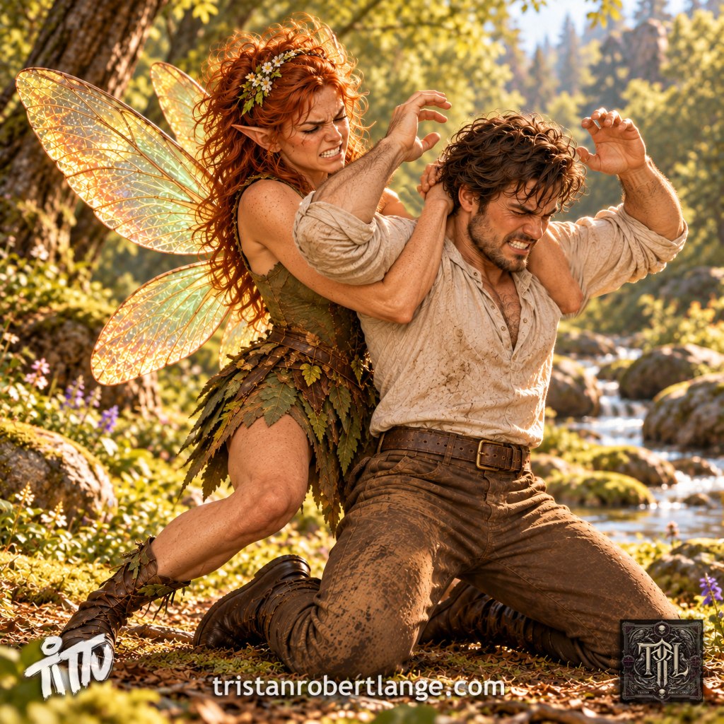 A red-haired, winged pixie braces behind a kneeling man, wrestling him with her arms beneath his raised arms and her hands behind his neck. Both grimace with effort in a sunlit woodland. The bottom displays Tittu and TRL logos and tristanrobertlange.com.