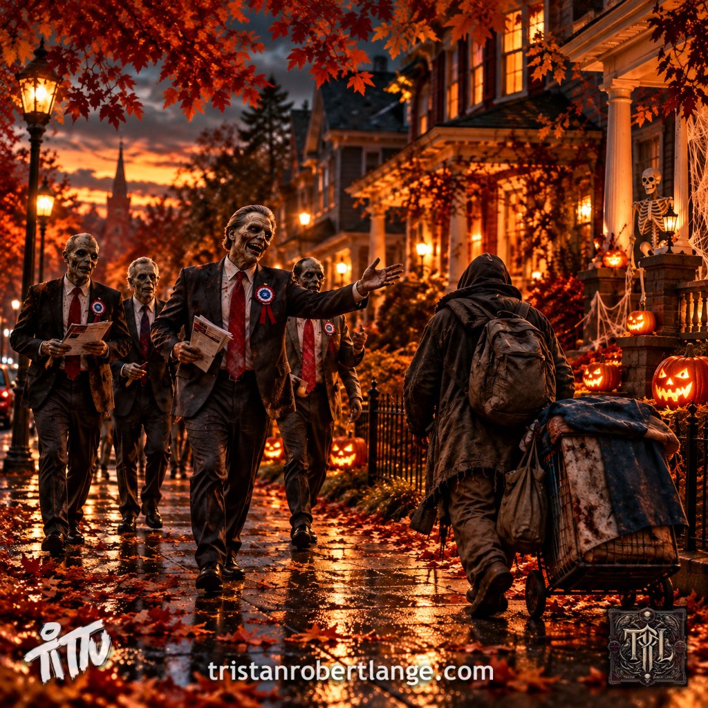 A square, cinematic Halloween scene on an autumn suburban street at sunset. Four zombie politicians in dark suits, red ties, and campaign rosettes approach along a wet, leaf-covered sidewalk, carrying campaign literature. The leading zombie gestures toward a hooded, unhoused person walking away with a backpack and a cart piled with belongings. Victorian houses glow warmly with porch lights, jack-o’-lanterns, cobwebs, and a skeleton decoration. Brilliant red and orange leaves frame the scene. At the bottom are the Tittu signature, tristanrobertlange.com, and the TRL emblem.