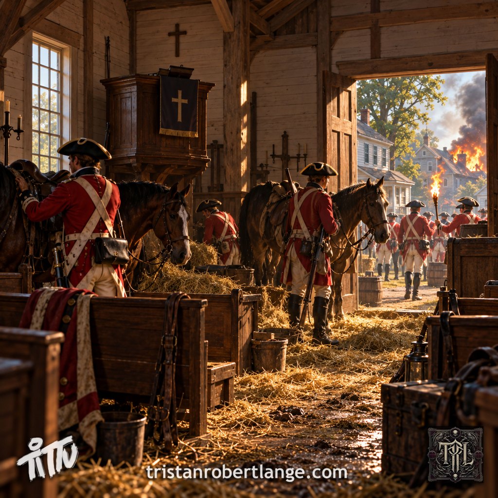 A photorealistic historical reconstruction of an 18th-century wooden church being used as a stable by British Redcoat soldiers. Horses stand among displaced pews, hay, tack, and muddy straw. Through the open church doors, more soldiers and colonial buildings are visible, with fire and smoke rising outside. Tittu signature, TRL emblem, and tristanrobertlange.com appear along the bottom.