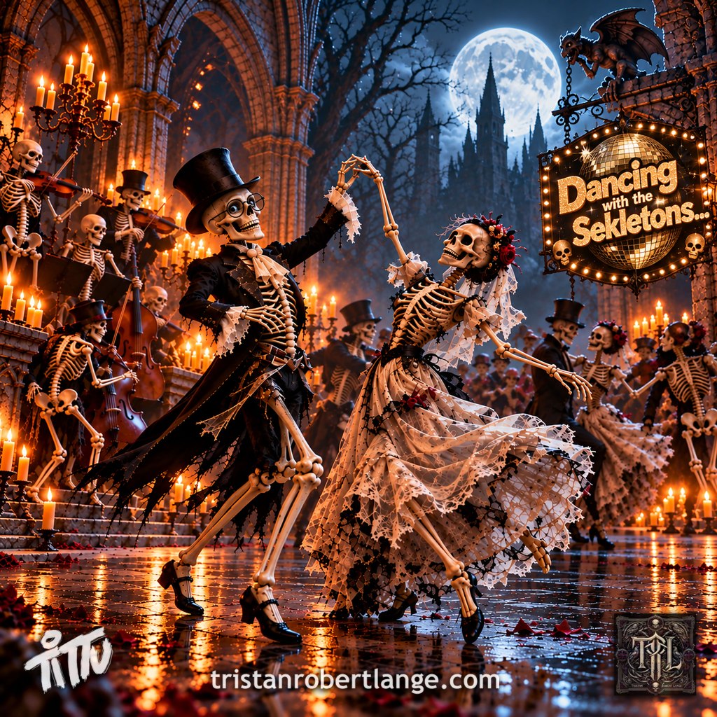 A hyperrealistic moonlit Gothic ballroom filled with dancing skeletons and skeletal musicians. A grinning skeleton wearing round glasses and a top hat waltzes with a skeletal bride in flowing lace. A gargoyle overlooks a glittering “Dancing with the Sekletons...” sign. Candles illuminate the ancient stone arches, while a full moon glows overhead. The Tittu signature, website address, and TRL monogram appear along the bottom.