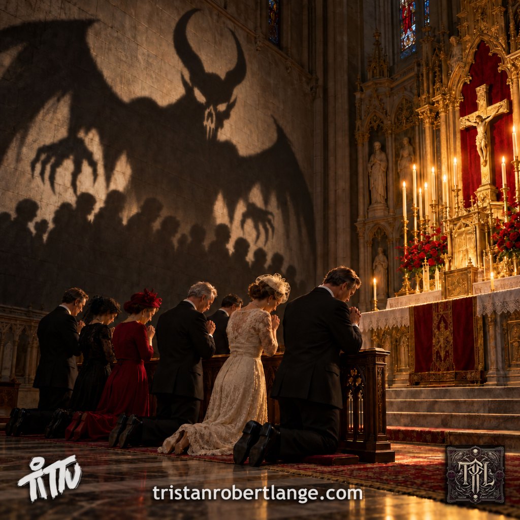 Inside an ornate, candlelit church, formally dressed worshippers kneel before a crucifix. Their shadows merge beneath an enormous horned, skull-faced demon shadow looming across the stone wall. Gold altar decorations contrast with the dark silhouette. Along the bottom are a Tittu signature, tristanrobertlange.com, and an ornate TRL monogram.
