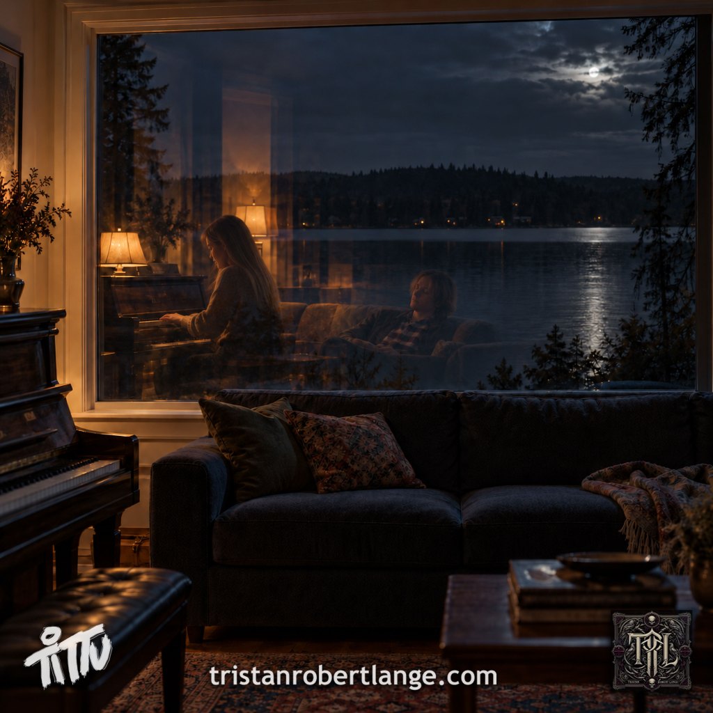 A moonlit lake seen through a broad picture window above an empty sofa. In the glass, a faint remembered scene shows a young woman with straight sandy-blonde hair playing piano while a young person with chin-length blond hair reclines on the sofa, eyes closed. Warm lamplight contrasts with the dark lake. Bottom branding reads “Tittu” and “tristanrobertlange.com,” beside a TRL crest.