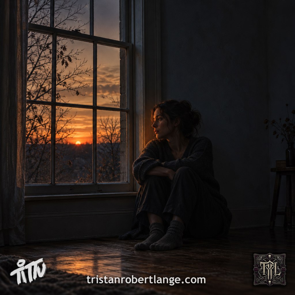 A woman sits on a wooden floor with her knees drawn up beside a tall window, watching the sun set beyond autumn branches. Fading amber light touches her face while most of the room remains in blue-gray shadow. Bottom branding reads “Tittu” and “tristanrobertlange.com,” beside an ornate TRL monogram.