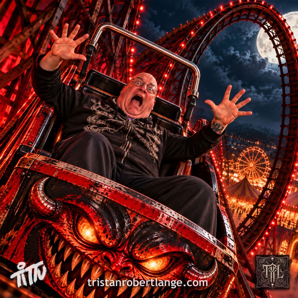 A bald person wearing round glasses and a black skeleton-patterned hoodie screams with both hands raised inside a demonic red roller coaster. The car's monstrous face has glowing orange eyes, horns, and sharp teeth. A towering loop rises above a moonlit carnival filled with glowing lights and tents. The image includes the author's signature, website, and TRL monogram.